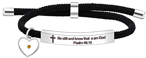 Religiöses Bibelvers-Armband für Frauen und Mädchen, christliches Ermutigungsgeschenk, schwarze Schnur, Edelstahl, gravierte Platte, Stangenarmband, 23 cm, Edelstahl