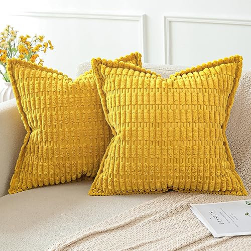 Artscope 2er Set Kordsamt Kissenbezüge Moderne Kissenhüllen Dekorative Sofakissen Dekokissen Weicher Zierkissenbezug für Wohnzimmer Sofa Schlafzimmer Boho Dekor Gelb, 40x40cm
