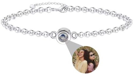 Foto Armband Personalisierte Projektion Armband mit Bild im Stein Rund 100 Sprachen Lupe Verstecktem Fotoarmband für Damen Frauen Mutter Denkmal Weihnachten Freundschaft Geschenk Silber Rose Gold