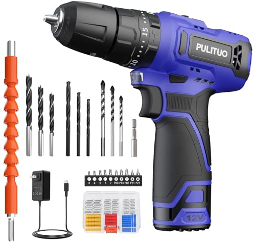 Akku-Schlagbohrmaschine 12 V, PULITUO schlagbohrschrauber set, Akkuschrauber mit 3/8 Metallfutter, 21 + 1 + 1 Drehmomentstufen, 1300-mAh-Batterie mit LED-Licht, 35 N.m maximales Drehmoment