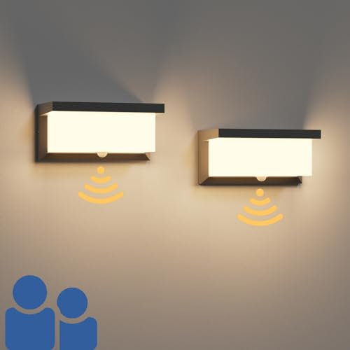 Klighten 2 Piezas LED Aplique de Pared Con Sensor de Movimiento, 3000K Exterior, IP65 Impermeable, Aluminio Para Uso Interior y Exterior, Negro