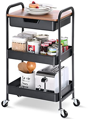 KINGRACK 3-stufiger Rollwagen mit Tischplatte, Multifunktionaler Metallwagen für Küche, Zuhause, Büro, Badezimmer, Schwarz