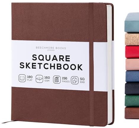 BEECHMORE BOOKS Skizzenbuch quadratisch (20,3 x 20,3 cm) – Hardcover aus Veganleder, 156 Seiten 160 g/m² | Perforiert, Lay-Flat, Geschenkbox, Skizzenblock für Zeichnen, Malen, Mixed Media