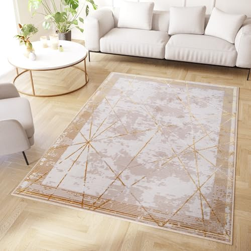 TAPISO Crystal Teppich Kurzflor Glänzend Gold Beige Rahmen Streifen Geometrisch 3D Effekt Wohnzimmer Schlafzimmer Modern Design ÖKO-TEX 120 x 170 cm
