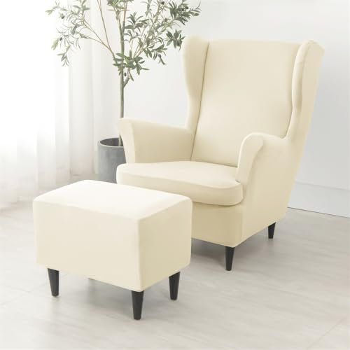 Highdi 2 Teilig Ohrensessel Überzug mit Ottomane Schonbezug, Sessel-Überwürfe Ohrensessel Schonbezüge Bezug Sesselhusse Stretch Tiger Stuhlbezug mit Armlehne Hohe Rückenlehne (Beige2)