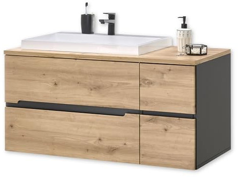 Stella Trading Memphis Mueble bajo Lavabo en imitación Artesano, Color Armario de baño Flotante con Mucho Espacio de Almacenamiento, Madera de ingeniería, Artisan Roble Gris, Waschbeckenunterschrank