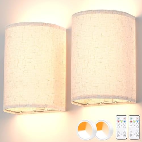 HURYEE Wall Light Set of 2,Battery Operated Wall Lights Fabric Wall Sconce Rechargeable Wall Lights with Remote,Wall Lamps in 3 Colors Temperature Dimmable Timer for Bedroom and Living Room Lighting