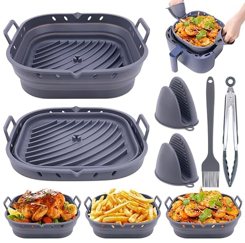 Silicone Air Fryer Liner - Airfryer Liners for Ninja AF160UK COSORI 5.5L, Multicooker - Reusable Foldable Air Fryer Liner with Divider, Mitts, Tongs and Brush