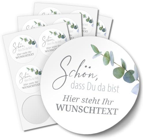 24 PERSONALISIERTE Aufkleber Etiketten rund - Schön, dass Du da bist - individualisiert anpassbar mit Ihrem Wunschtext Etiketten rund 4cm, Eukalyptus Blätter Taufe Hochzeit Geburtstag