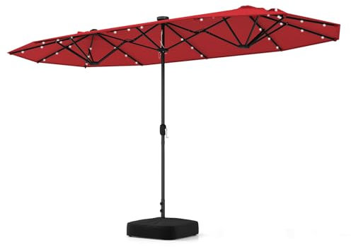 COSTWAY Doppelsonnenschirm mit Ständer und LED-Leuchten, 400 x 200 cm, Sonnenschirm Groß XXL, UPF 50+, Gartenschirm mit Kurbel, Terrassenschirm, Marktschirm für Garten, Terrasse & Pool (Weinrot)