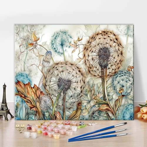 TISHIRON Kit de pintura por números para adultos, diente de león, pintura por números, sobre lienzo, estilizado, esponjoso, diente de león volador, kit de pintura por números, para adultos, flores,