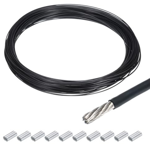 QUARKZMAN 100Ft(30M) Draht Seil 304 Edelstahl Stahl Kabel 3/64(1mm) Vinyl Beschichtet mit 10Stk Aluminium Ärmel zum Aufhängen Wäscheleinen Heben Schwarz