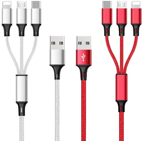 Multi Charging Cable 2 Packs, 3A 3 in 1 Fast Charging Cord,1.2M Nylon Braided Multiple USB Cable with iP Micro USB Type C Port for Phone,Samsung,PS4, Tablet, Xiaomi and More(Red+Sliver)