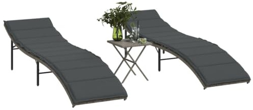 Willood Sonnenliegen 2 STK. mit Tisch Poly Rattan Grau Outdoor klappbar liegestuhl Camping