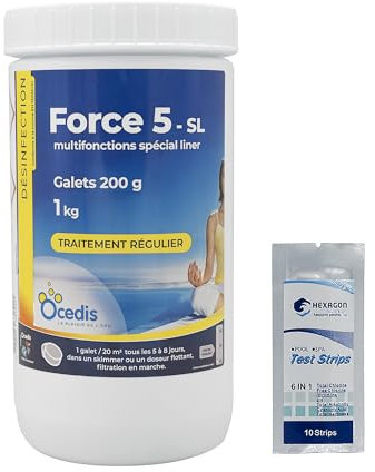 OCEDIS Force 5 - SL Multifonctions Spécial Liner Galets 200g - 1kg | Chlore Lent Stabilisé Multiaction - Désinfection Régulière Multifonction - sans sulfate de cuivre + 10 Tests HPS OFFERTS 6 en 1