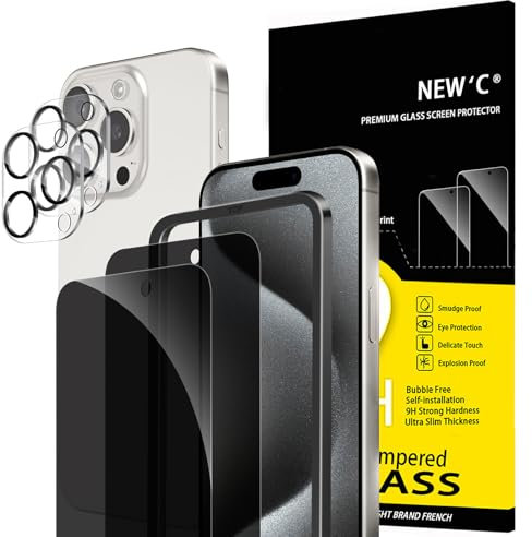 NEW'C 2x Pellicola Protettiva Privacy per iPhone 15 Pro Max (6,7 Pollici) e 2x Pellicola Vetro Protettiva Fotocamera Posteriore-Strumento di installazione incluso-Angolo di privacy di 28 gradi