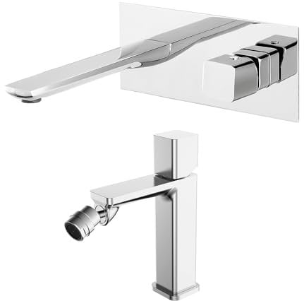 Set di rubinetti lavabo a muro e bidet in ottone cromato con manopola senza leva, piletta universale click clack in acciaio per bidet, LOTUS