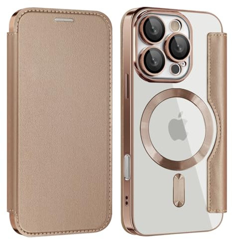 Flip Case for iPhone 16 Pro Max Clear Cover Support MagSafe |RFID Blocking| Wallet Purse Shockproof Leather Cover Individual Protection for Each Lens Phone Skin for iPhone 16 Pro Max Desert Gold