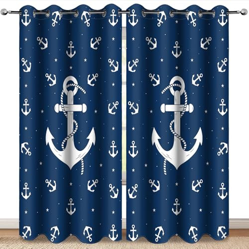 MissHope Verdunkelungsvorhänge mit nautischem Anker, Ozean, Strand, Küste, Strand, Thema, Heimdekoration, Segelschiff, Boot, Dekoration, Schlafzimmer, Wohnzimmer, Klassenzimmer, Marineblau