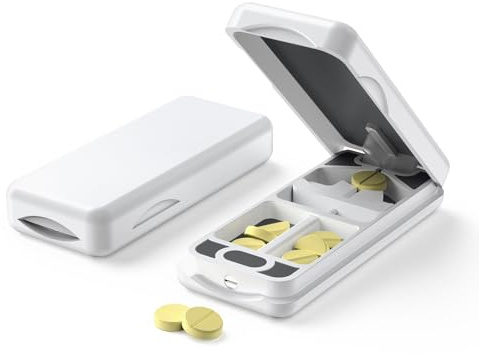 HQEUZ Tablettenteiler ABS-Kunststoff für Kleine und Große Pillen Tablettenschneider mit 316 L Edelstahl Klinge Tragbarer Pillenschneider mit Aufbewahrungsfach Pill Cutter, ABS+Weiß