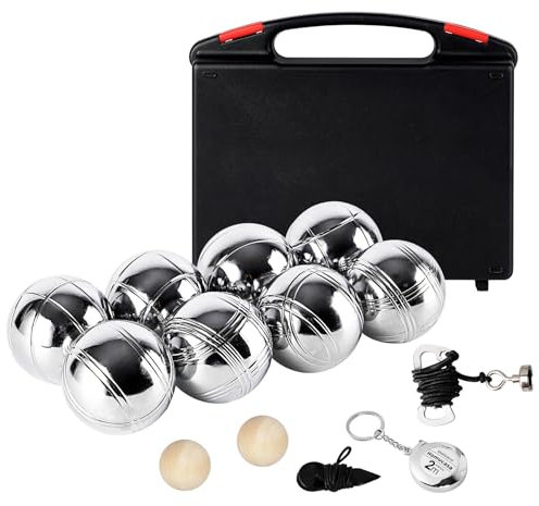 Kroosim Boule Set, Boccia Kugeln mit 8 Metall, Personalisierte Petanque Boule Kugeln mit 4 Verschiedene Linien, 73mm/ 720g pro Kugel, Boccia Spiel Set für Outdoor und Freizeitspiele, Serie A