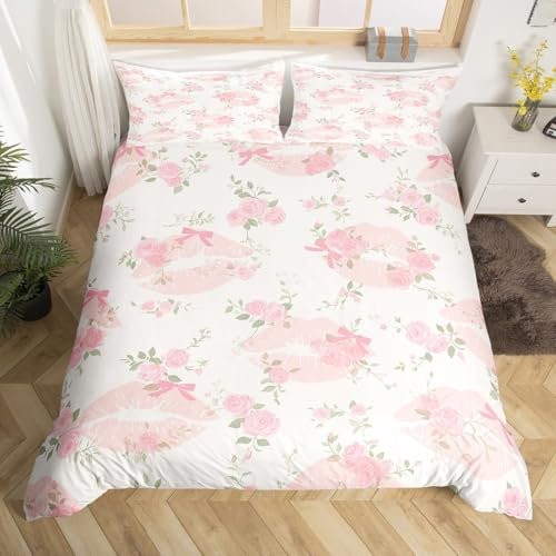 Pink Lips Duvet Cover Set single Size,Princess Pink Bowknot Romantic Floral Bedding Set(No Comforter),Watercolor Bow Valentine Roses Flowers Quilt Cover for Kids,2 Pcs