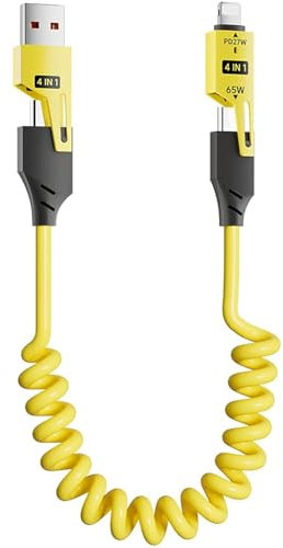 Cable de carga rápida con resorte 4 en 1, cable de carga multirápida USB-C de 65 W, cable cargador tipo C de carga multidispositivo de 4 pies, compatible con iPhone Samsung Laptop