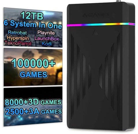 Disco rigido da 12 TB da gaming retrò con oltre 100000 giochi, disco rigido per giochi retrò compatibile con oltre 260 collezioni/emulatori, 8000+giochi 3D, disco rigido portatile per giochi da