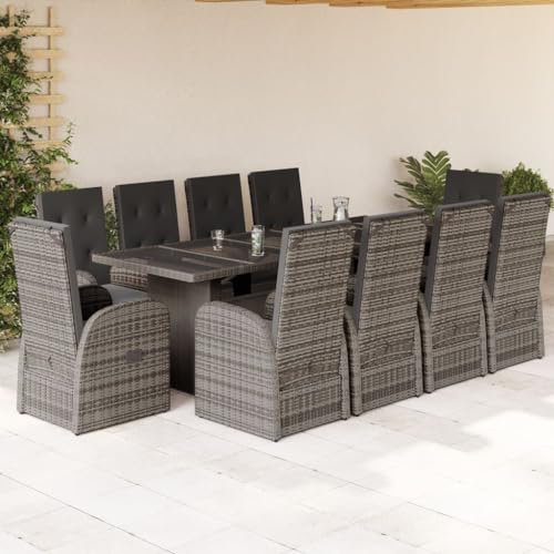 Homgoday Set da pranzo da giardino 11 pezzi e cuscini in rattan sintetico grigio, sedia tavolo cucina esterno terrazza patio balcone mobili tipo 9