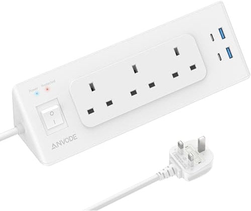 Extension Lead with 4 USB (2 USB C), ANVODE 3 Way Plug Extension Power Board with Switch, Multi Extension Socket Surge Protection with 2M Extender Cable for Home Office Dorm, White