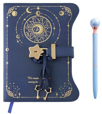 Lock Journal with Pen B6, Vintage Diary with Lock and Key, PU Leather Notebook, 180/360 Pages, Heart Shaped Lock for Women Girls Kids (Navy Blue)