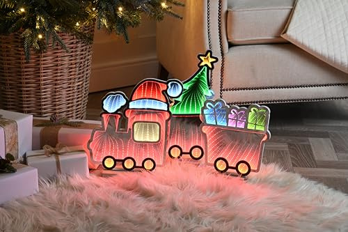 Festive Productions Christmas Infinity Spiegeleffekt 3D Zug LED Licht - 70cm - Innenbeleuchtung - Weihnachtsdekoration für Zuhause - Festliche Weihnachtsbeleuchtung