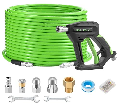 Tool Daily Sewer Jetter Kit for Pressure Washer 100 FT, Short Power Washer Gun, Drain Cleaner Hose 1/4 Inch NPT, Corner, Rotating and Button Nose Sewer Jetting Nozzle, 3600 PSI