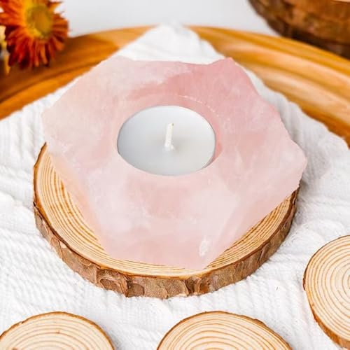 Portacandele in quarzo rosa naturale, design unico a mano, ogni pezzo è unico nel suo genere, si adatta a lumini standard, crea un'atmosfera accogliente e romantica