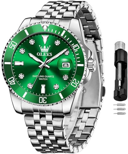 OLEVS Silber Herrenuhren mit Datum Modern Kleid Wasserdicht Armbanduhr für Herren Edelstahl Stylish Quarz Analog Uhren Herren Grün Zifferblatt Leuchtend Uhren für Männer Metallarmband Geschenke