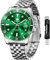 OLEVS Silber Herrenuhren mit Datum Modern Kleid Wasserdicht Armbanduhr für Herren Edelstahl Stylish Quarz Analog Uhren Herren Grün Zifferblatt Leuchtend Uhren für Männer Metallarmband Geschenke