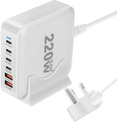 220W USB C Charger Block GaN III USB Desktop Charging Station 6 Ports QC4.0 Fast Charging Station Hub+PD 100W Type C Laptop Charger Adapter Compatible with MacBook Pro Laptop Tablet and Phone