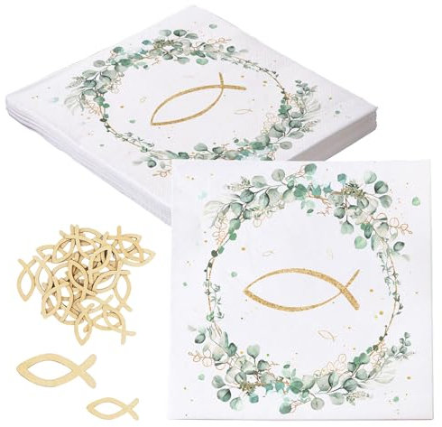 LunarCharm 20 Stück Servietten und 20 Stück Fischdekoration aus Holz, Kommunion Deko, Fisch-Tischdekoration für Taufe, Kommunion oder andere festliche Anlässe