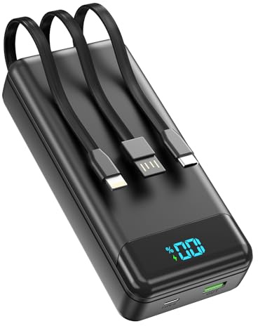 Enerwow Power Bank 27000mAh, Powerbank Schnellladen mit Integriertem USB-C Kabel, 4 Ausgänge & 3 Eingänge Externe Handyakkus mit LED Display Kompatibel mit iPhone 17 Serie und mehr（P300C/Tiefschwarz）