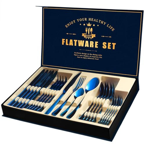 Blaues Silberbesteck, 24-teiliges Edelstahlbesteck für 6 Personen, Hochglanzbesteck mit Geschenkbox, Küchenbesteck für Zuhause, Party, Restaurant