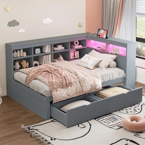 Tagesbett Schlafsofa 90x200 cm, Holz Multifunktionsbett mit USB-Steckdose, LED-Licht, 2 Schubladen, Mehreren Ablagefächern und Regalen, Einzelbett Massivholzbett mit Lattenrost, Ohne Matratze, Grau