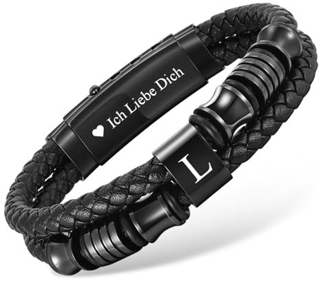 Armband Herren Lederarmband mit buchstaben - Schwarz Armbänder Leder mit Gravur A-Z Buchstabe Personalisierte Geschenke für Männer Jahrestag Geburtstag Vatertagsgeschenk für Papa Opa Sohn Bruder (L)