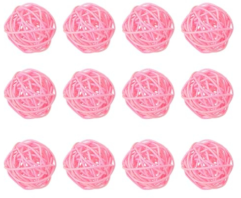 QUARKZMAN Rattan Deko Kugeln 50mm Rosa 12 Stück | Dekokugel Wicker Rattan Ball Wellensittich Spielzeug Vogelspielzeug Hochzeitsfeier Mittelstücke Hausdekoration Vasenfüller