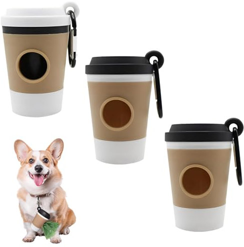 3 Stück Kotbeutelspender,Hundekotbeutelspender,Kotbeutel Spender für Hunde,mit Praktischer Hängeschnalle,Kreatives Kaffeetassen-Design,Leicht und Tragbar,Geeignet zum Spazierengehen