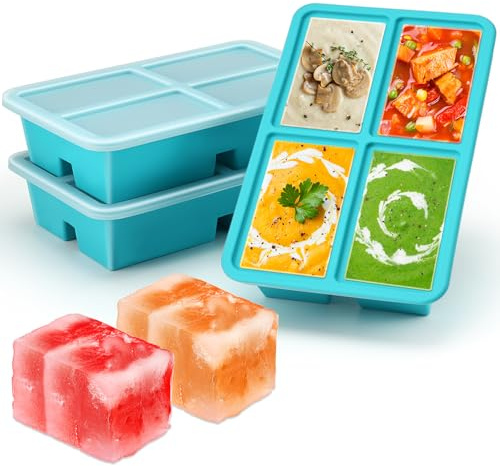 omolly 3 Pack Extra Large Soup Containers with Lid,1-Cup Silicone Cube Soup Freezer Mould for Freezing, 4-Compartment Meal Prep Silicone Freezer Moulds, Large Tray,Soup Freezer Tray for Broth