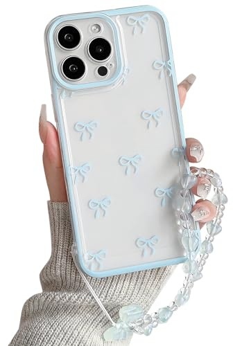 NITITOP for iPhone 13 Pro Case Cute Clear Bow Chain,Blue | for Women Girls, Aesthetic Bowknot Ribbon Design, with Wrist Strap, Soft TPU Shockproof Cover, Full Camera Protection