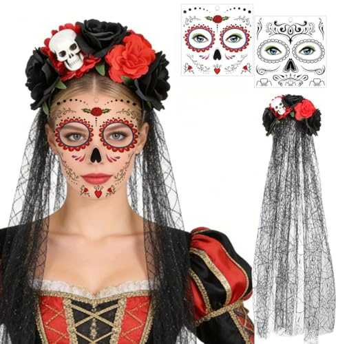 Nepturion Dia de los Muertos Serre-tête voile, serre-tête et voile, tatouage du visage, bandeau mexicain, rose, tête de mort, pour carnaval, Halloween, cosplay