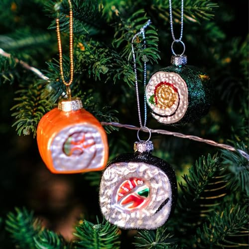 Amanman mundgeblasenem Glas Sushi Ornamente Set von 3 - Lachs, Kaviar & Nori Roll, niedliche Lebensmittel Ornamente für den Weihnachtsbaum, Reisen Weihnachtsschmuck (handbemalt)