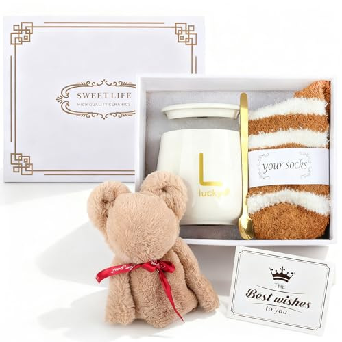 GTOBES Christmas Gifts for Her, Birthday Present for Mum Wife Teenage Girls, Self Care Gift Box & Pamper Gifts for Women - Large 400ml Ceramic Mug and Socks Gift Set with Spoon, Cute Towel Bear