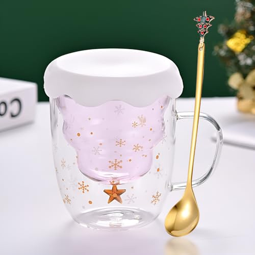 Syfunlv Grinch Weihnachts Kaffeetasse, Doppelwandige Glastasse mit Deckel und Löffel, Espressotasse Teeglas Milchtasse Weihnachtsbaum Design Stil 5